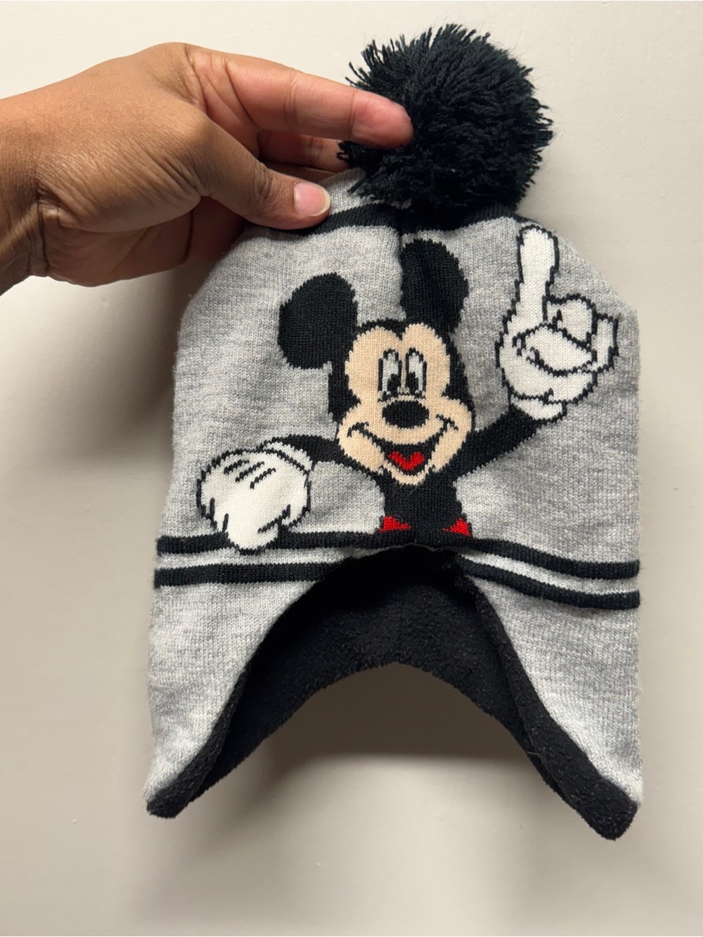 Disney Kids Gray & Black Mickey Pom-Pom Earflap Beanie